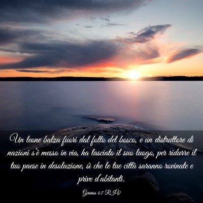 Picture 03 - Geremia 4:7 RIV - Un leone balza fuori dal folto del bosco, e un - Bible Verse Picture